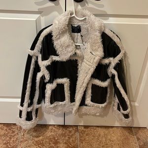 Boohoo black patent coat with faux fur shine aviator